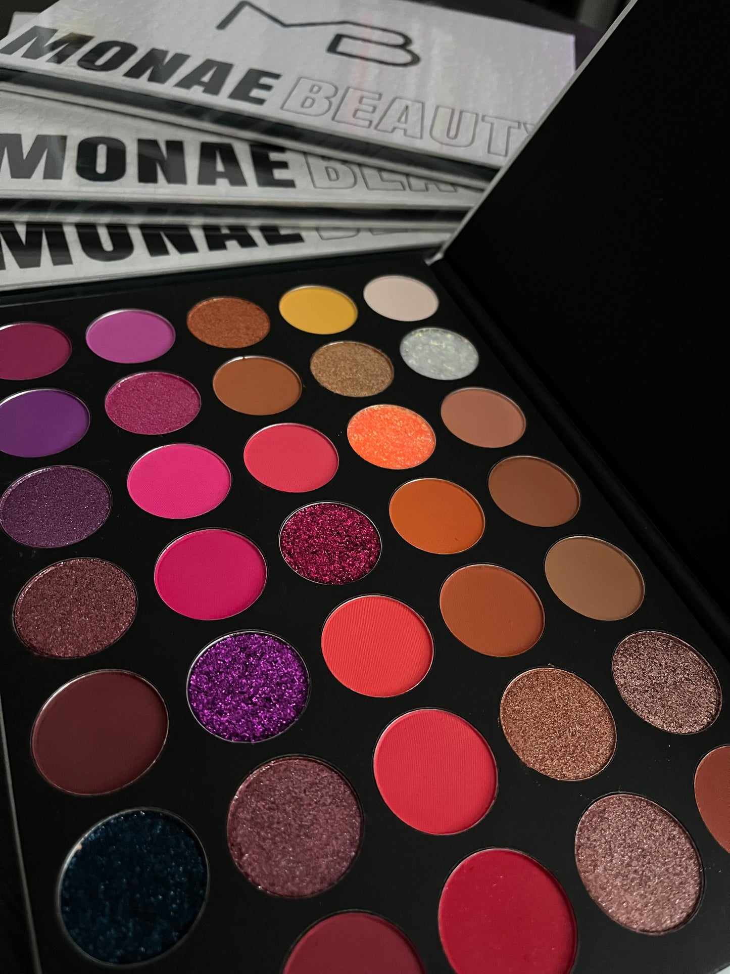 444 eyeshadow palette by Monae Beauty Co, highly pigmented neutral and glam shades for bold makeup looks