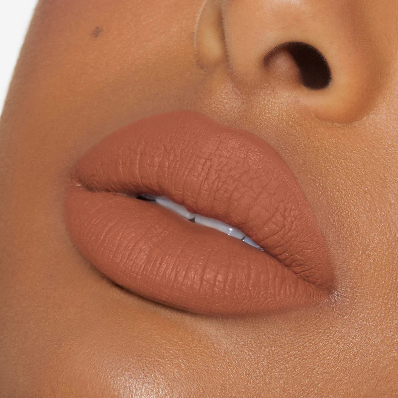 rich brown matte liquid lipstick by Monae Beauty Co, smooth full-coverage lipstick for natural glam