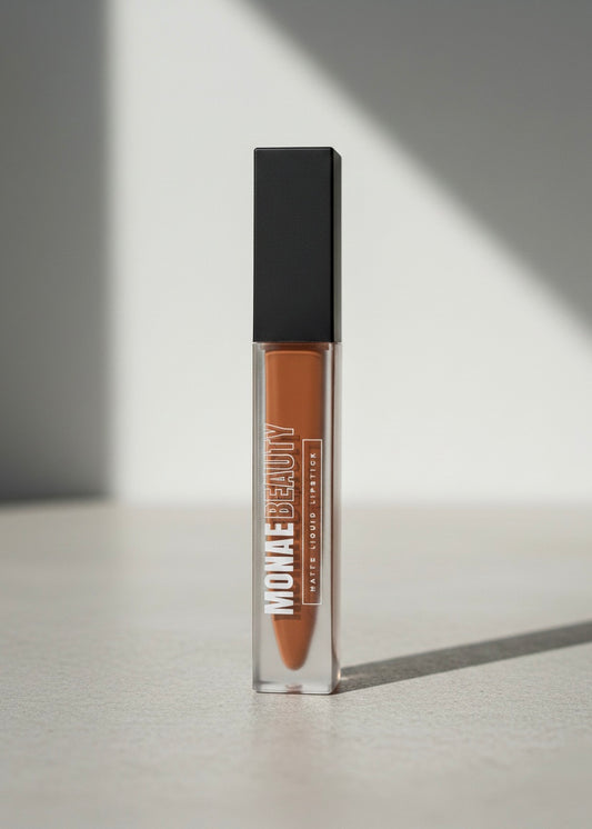 rich brown matte liquid lipstick by Monae Beauty Co, smooth full-coverage lipstick for natural glam