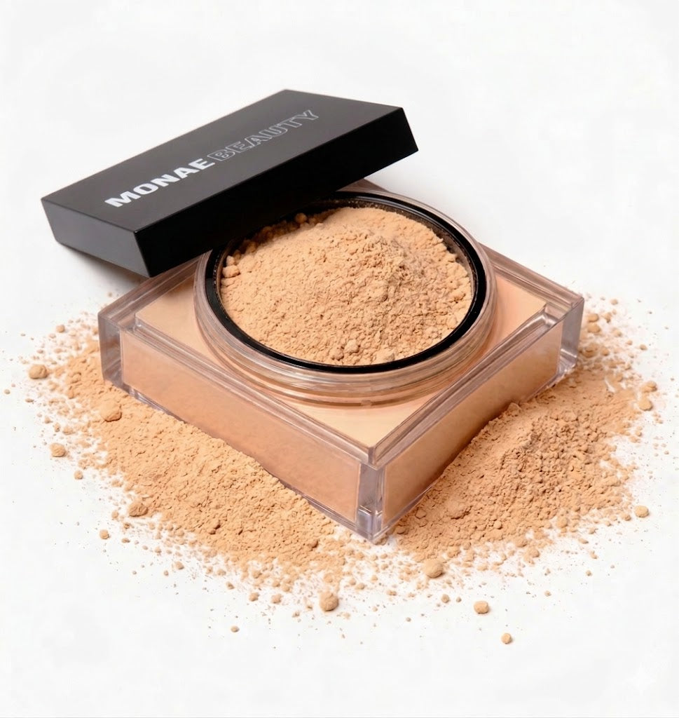 Monae Beauty Blur & Bake Loose Setting Powder in Rich Truffle, a rich caramel-brown loose setting powder for deeper skin tones that creates a smooth, airbrushed finish.